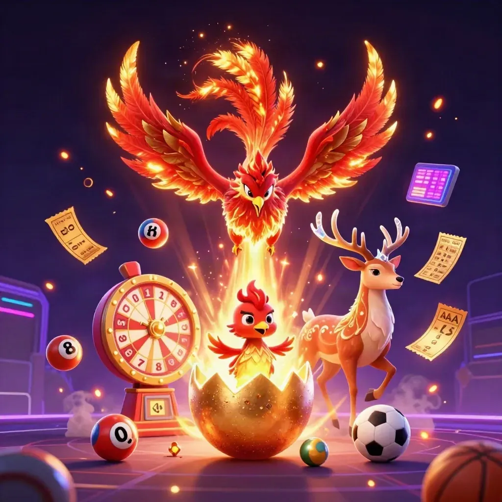 Fire phoenix, baby phoenix, crystal stag, lottery balls and prize wheel in a neon casino scene.