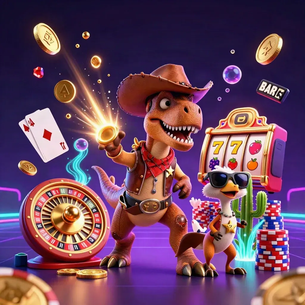 Cowboy T-Rex trio amid flying coins, chips, cards, roulette wheel, and neon casino glow.