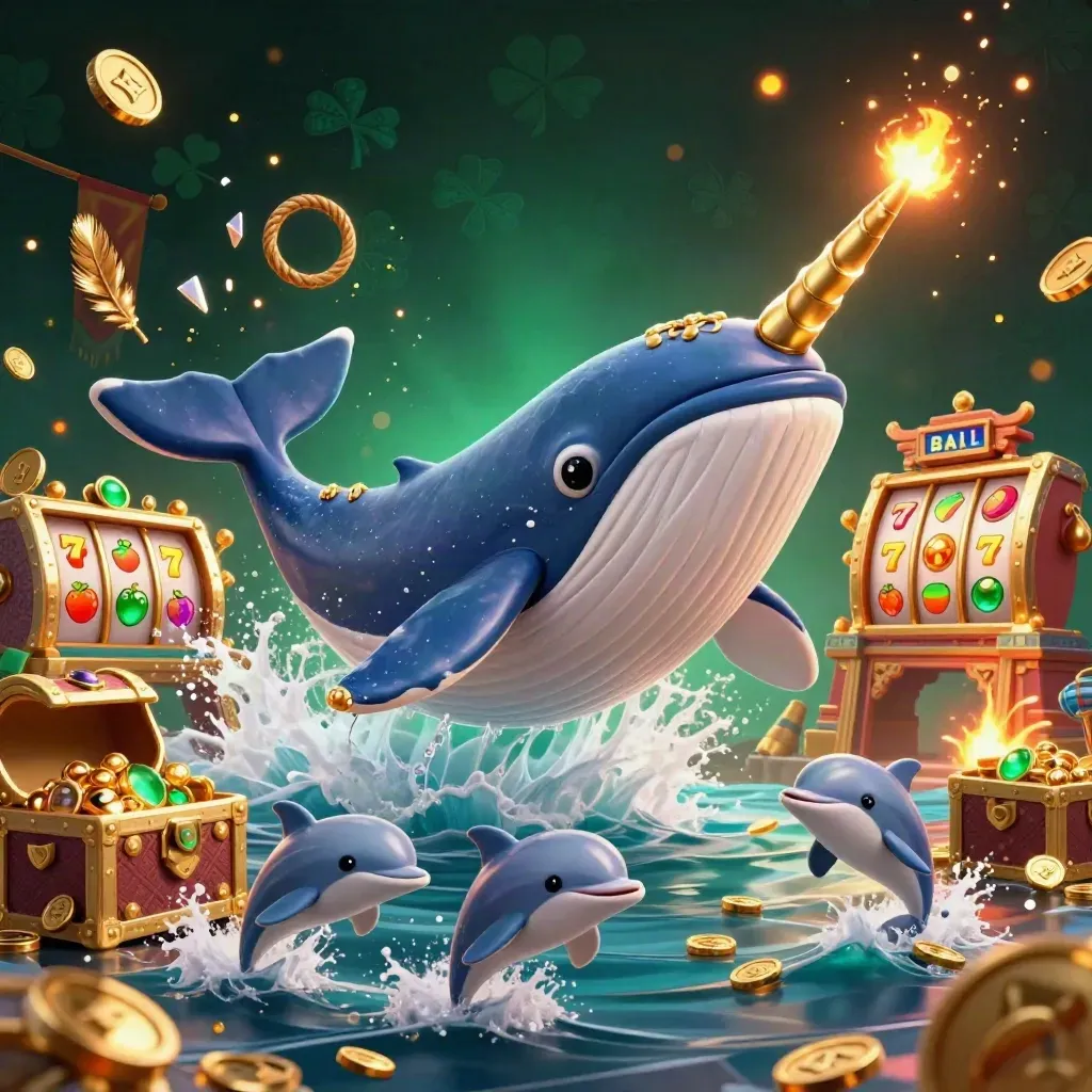 Whale captain, narwhal, and dolphins burst through coins with gems and casino icons.