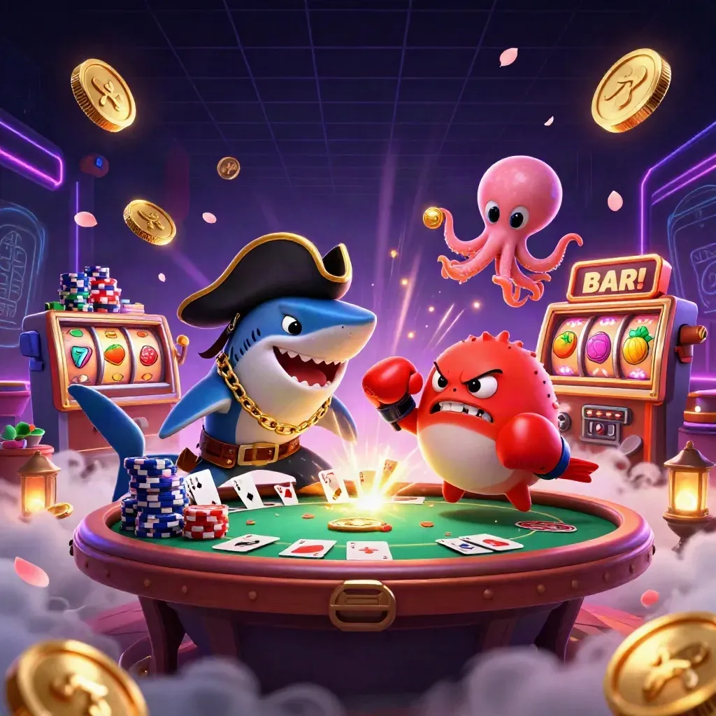 Shark pirate, red pufferfish, and baby octopus amid coins, chips, and slot reels