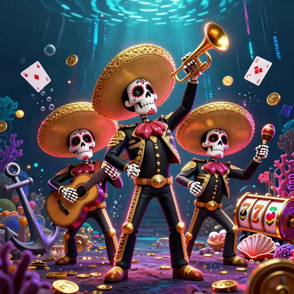 3 skeleton mariachi performers in a neon underwater jackpot scene with coins, coral, and glowing reels