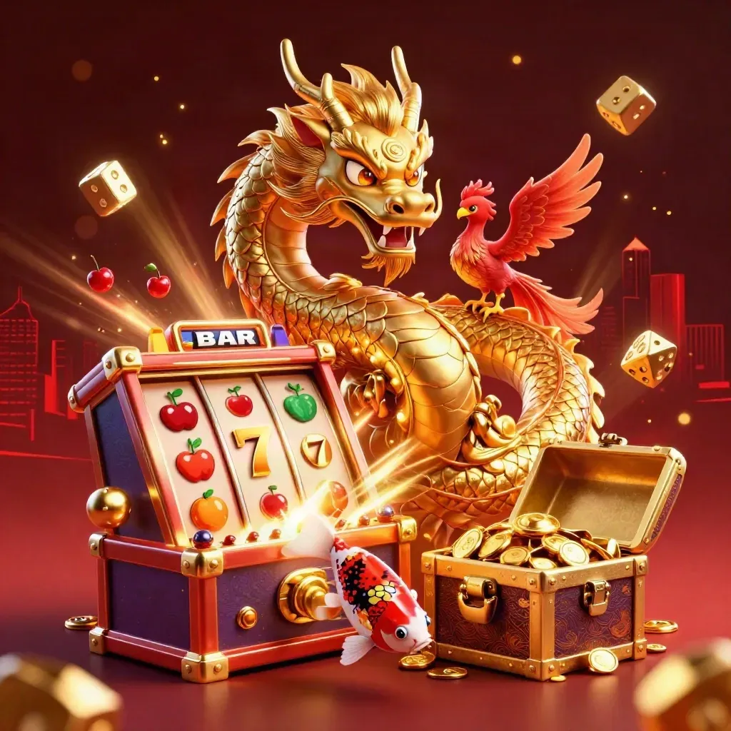 Golden dragon with phoenix and koi bursting from a chest amid slot symbols and jackpot rays.