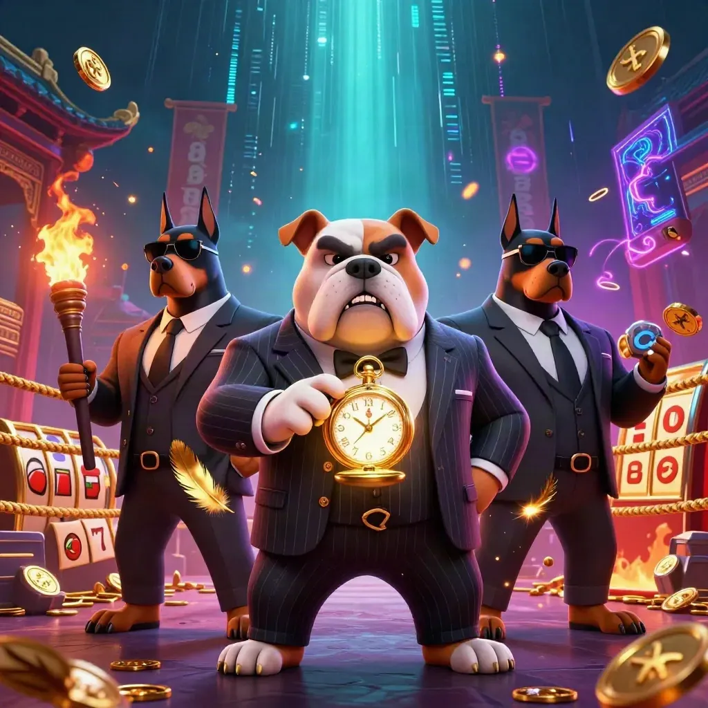 Bulldog mob boss with two Dobermans, casino sparks, gold coins, and neon energy