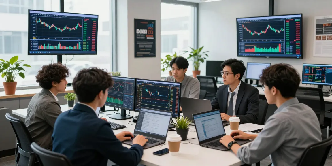 Aktivitas trading di kantor modern, kakakjudi berdiskusi strategi sambil melihat grafik pasar.