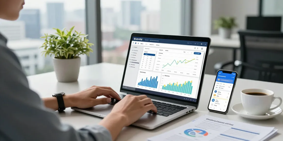 Check banking results online with financial graphs in a modern office.